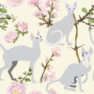 Three gray siamese or sphinx cats in sakura flowers on a light background seamless vector illustration. Felis catus. Image of a silhouette of a bald and hairless cat. Endless pattern.