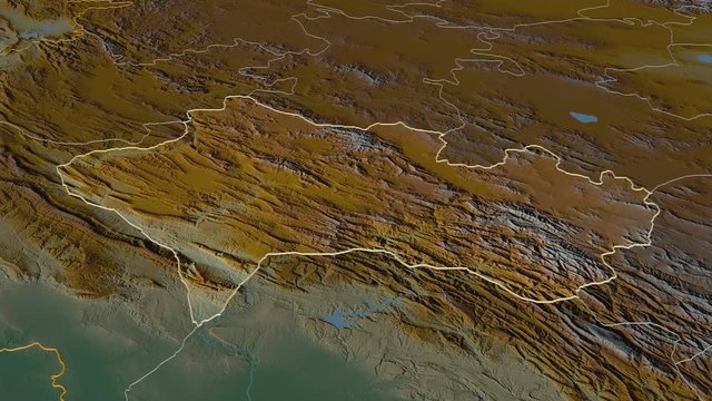 Lorestan, province with its capital, zoomed and extruded on the relief map of Iran in the conformal Stereographic projection. Animation 3D