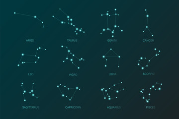Zodiac Design. Horoscope set: Leo, Virgo, Scorpio, Libra, Aquarius, Sagitarius, Pisces, Capricorn, Taurus, Aries, Gemini, Cancer. Vector illustration
