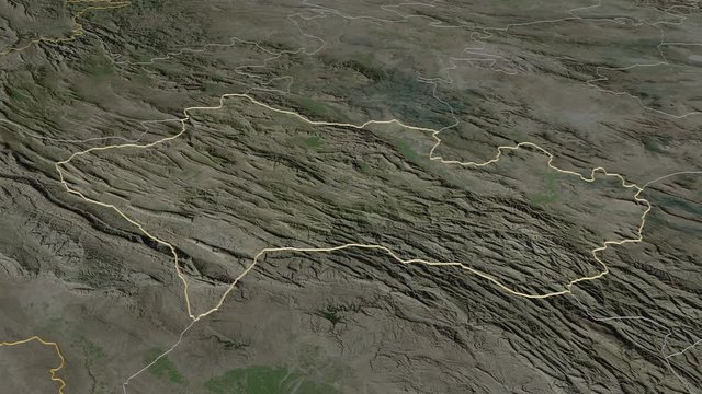 Lorestan, province with its capital, zoomed and extruded on the satellite map of Iran in the conformal Stereographic projection. Animation 3D