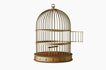 Vintage style metal open bird cage isolated on white background