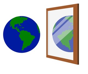 鏡に写った世界地図と地球
