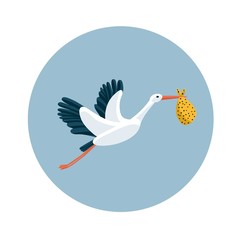 Stork flying and carrying a bundle. Symbol for baby shower, news, delivery, pregnancy.