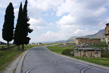 Beautiful meadow landscape of the Hierapolis Archaeology site in Pamukkale
