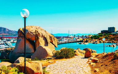 Old Sardinian Port and marina with ships at Mediterranean Sea in city of Villasimius in South...