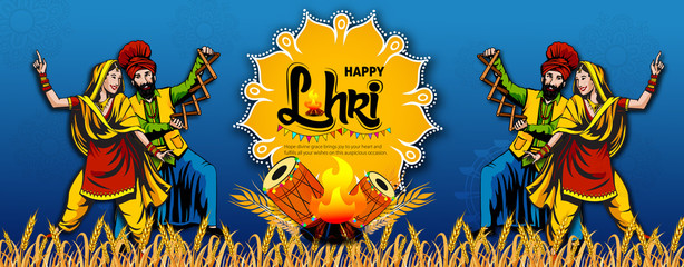 Punjabi harvest festival of lohri celebration bonfire background with wishes of Happy Lohri