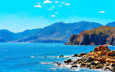 Landscape with Capo Pecora beach at the Mediterranean Sea in Buggerru in South Sardinia of Italy....