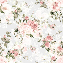 Seamless watercolor pattern with rose buds and leaves