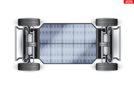 Electric Car Chassis with battery. Vehicle frame with batteries and Transmission on rechargeable eco car. Wheels and power item on automobile chassis. Vector Illustration isolated on white background.