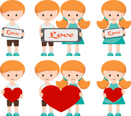  Boy and girl in summer clothes. boy and girl holding a red heart in their hands. A boy and a girl are holding a tablet with the word love.