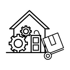 house front facade with delivery cart and box