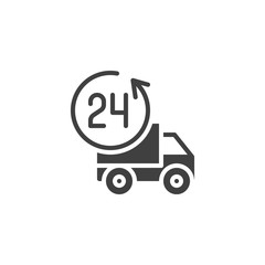 24h delivery truck vector icon. filled flat sign for mobile concept and web design. Twenty four hour delivery service glyph icon. Symbol, logo illustration. Vector graphics