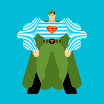 23 February Defender of Fatherland Day. Russian soldier strong superhero. Translation text Russian. February 23. Congratulations. greeting card background