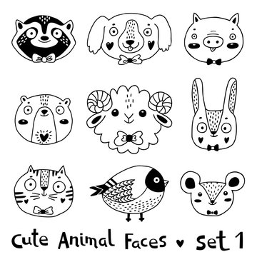 Avatars funny animal faces Raccoon Dog Pig Bear Ram Hare Rabbit Cat Bird Mouse Rat. Vector illustration