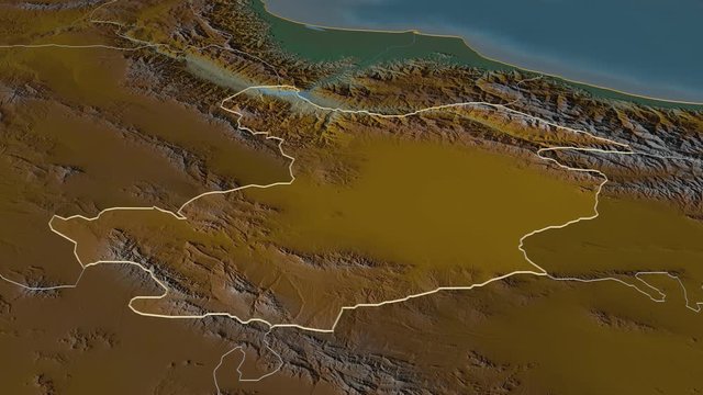 Qazvin, province with its capital, zoomed and extruded on the relief map of Iran in the conformal Stereographic projection. Animation 3D