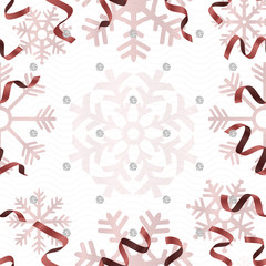 seamless christmas pattern with red twist ribbon and snowflake on white background