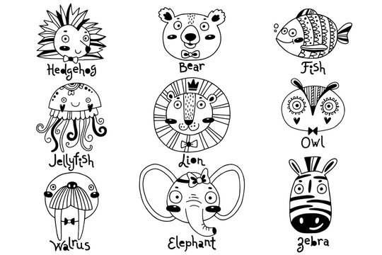 Avatars funny animal faces Hedgehog Bear Fish Jellyfish Lion Owl Walrus Elephant Zebra. Vector illustration