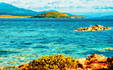 Landscape with Romantic morning at Capriccioli Beach in of the Mediterranean sea on Sardinia island...