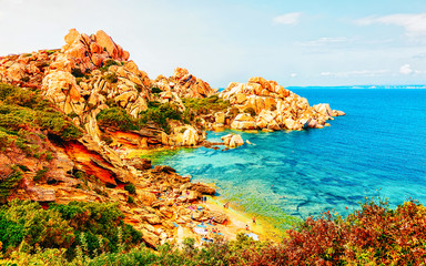 Landscape with beach on Rocky coast of Capo Testa in Santa Teresa Gallura at the Mediterranean Sea...