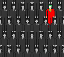 Individuality in gray crowd pattern seamless. Man in bright suit in group people background. Contrasting individual concept