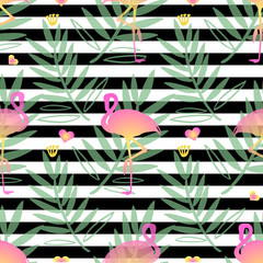 seamless nature pattern with hand drawn green leaves with flamingo on stripe background