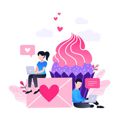 Happy Valentines day, love letter concept. Big envelope with red heart, giant cupcake and small people, romantic background, banner design