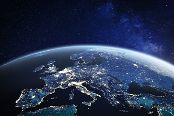 Europe viewed from space at night with city lights in European Union member states, global EU business and finance, satellite communication technology, 3D render of planet Earth, world map from NASA © NicoElNino