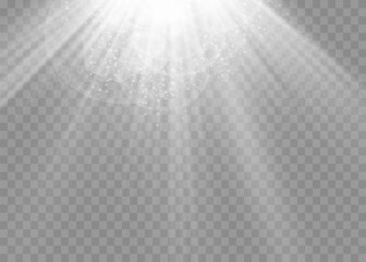 Vector transparent sunlight special lens flash light effect.front sun lens flash. Vector blur in the light of radiance. Element of decor. Horizontal stellar rays and searchlight.