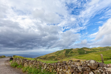 A rocky wall for cattle on the island of Flores in the Azores, Portugal.