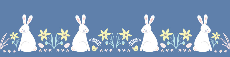 Easter pattern border. Cute Spring bunny, chick, egg and daffodil vector seamless repeat design.