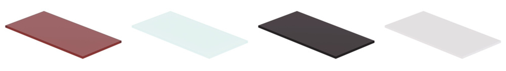 Set of glass plates. Types of glass processing. 3D rendering.