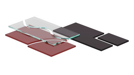 Set of glass plates. Types of glass processing. 3D rendering.
