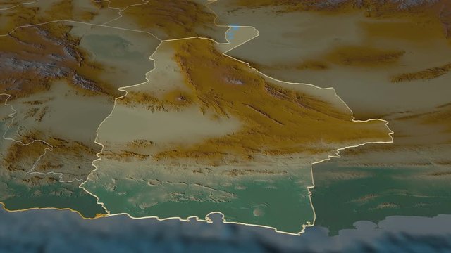 Sistan and Baluchestan, province with its capital, zoomed and extruded on the relief map of Iran in the conformal Stereographic projection. Animation 3D