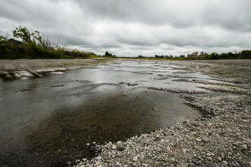 Toxic polluted river, Algae bloom river landscape, Water pollution