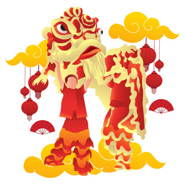 Illustration of a lion dancer performance at chinese new year. Lion dancer perform at metal rat year in chinese culture.