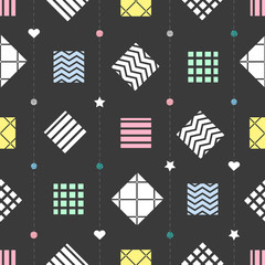 seamless fashion pattern with confetti colorful square with glitter dot and heart on grey background