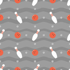 seamless sport pattern on grey background with Bowling ball ,bowling pins and silver dot glitter