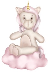 hand drawn digital colorful illustration watercolor style pastel color tones on the flat white background. Unicorn theme picture.