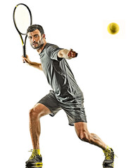 one caucasian mature tennis player man forehand silhouette full length in studio isolated on white...