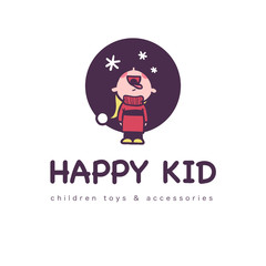 Happy kid funny logo with winter boy in sweater standing catching snowflakes with his mouth isolated. Emblem for children toys store, clothes, accessory shop, play room. Vector flat illustration.