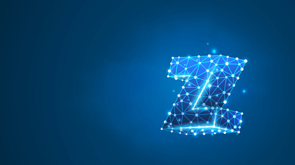 Alphabet letter Z. Design of a lowercase english letter. Banner, template or a pattern. Abstract digital wireframe, low poly mesh, vector blue neon 3d illustration. Triangle, line dot