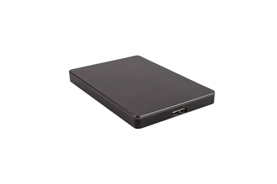 External hard drive in gray on a white isolated background (side view)