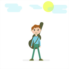 young man with guitar in the yard. sun, clouds, shadow. Vector illustration eps 10