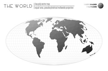 Abstract geometric world map. Equal-area, pseudocylindrical Mollweide projection of the world. Grey Shades colored polygons. Elegant vector illustration.