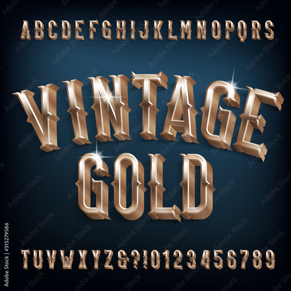 Wall mural Vintage Gold alphabet font. 3D retro golden letters, numbers and symbols. Stock vector typescript for your design. - Wall murals