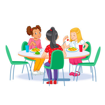 The children who eats breakfast. Happy kids having breakfast by themselves. Vector illustration for banner, poster, website, flyer