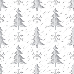 seamless  christmas pattern on white background with silver pine tree and snowflake glitter