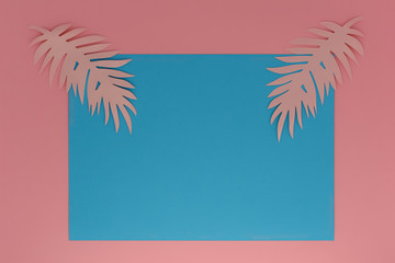 Fototapeta na wymiar Exotic summer palm frame for invitation, card, banner and voucher. Blue and pink colours. Few layers effect. Copy space, place for text , flat lay