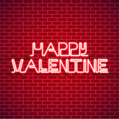 Happy Valentine's Day background with bright pink vector neon heart on red brick walls