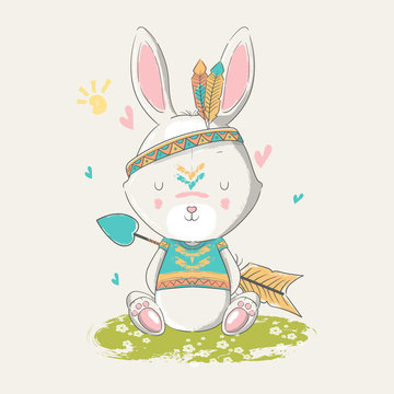 Vector hand drawn illustration of a cute baby bunny boho with feathers.